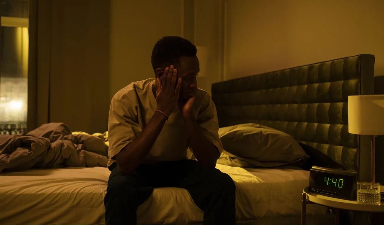 Man sitting on the edge of his bed at night wondering why he sweats in his sleep